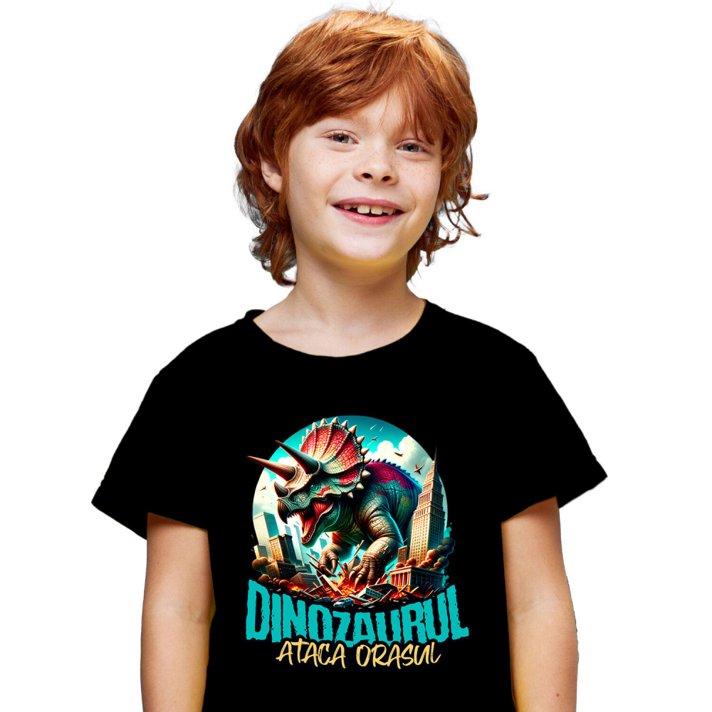 Tricou Femei, Barbati, Copii, Fata, Baiat, Unisex Personalizat Dinozaur Fioros Atacă Orașul 3D - Cadou Personalizat pentru Copii și Tati [2]