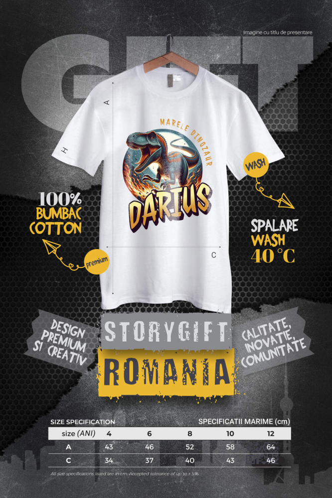 Tricou Femei, Barbati, Copii, Fata, Baiat, Unisex Personalizat Dinozaur T-rex Furios prin Flăcări – Marele Dinozaur Darius pentru Cadouri Personalizate [4]