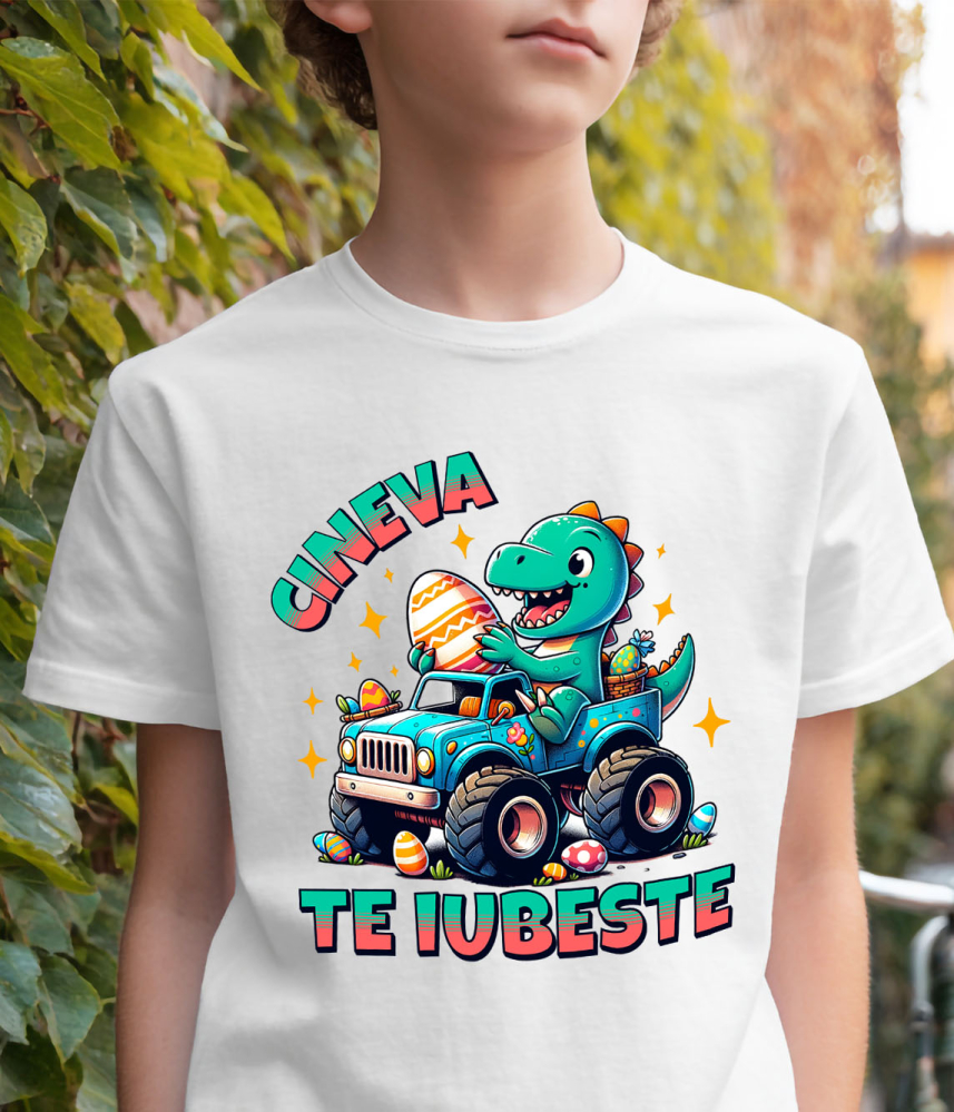 Tricou Femei, Barbati, Copii, Fata, Baiat, Unisex Personalizat "Dinozaur Vesel în Mașină de Teren cu Oua Colorate – Cineva te Iubește, Cadou Paște" [4]