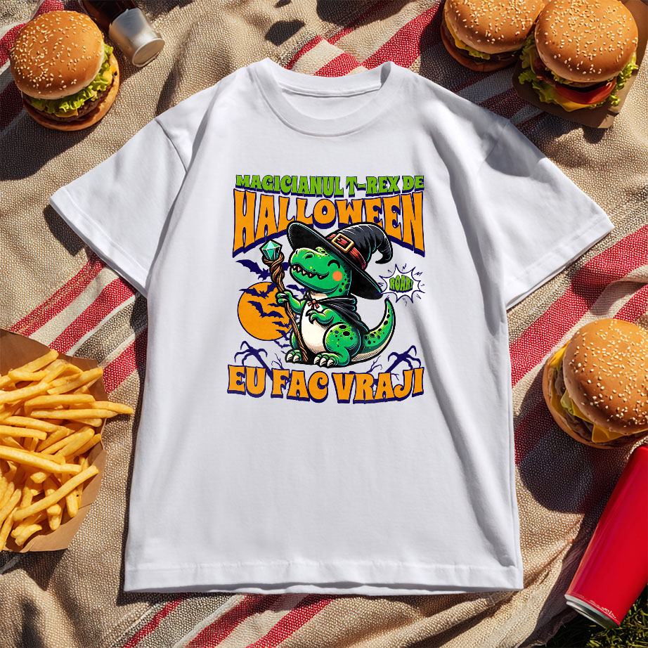 Tricou Femei, Barbati, Copii, Fata, Baiat, Unisex Personalizat Dinozaur Vrăjitor T-rex cu Pălărie și Baghetă | Cadou Halloween pentru Copii | Decor Tematic [5]