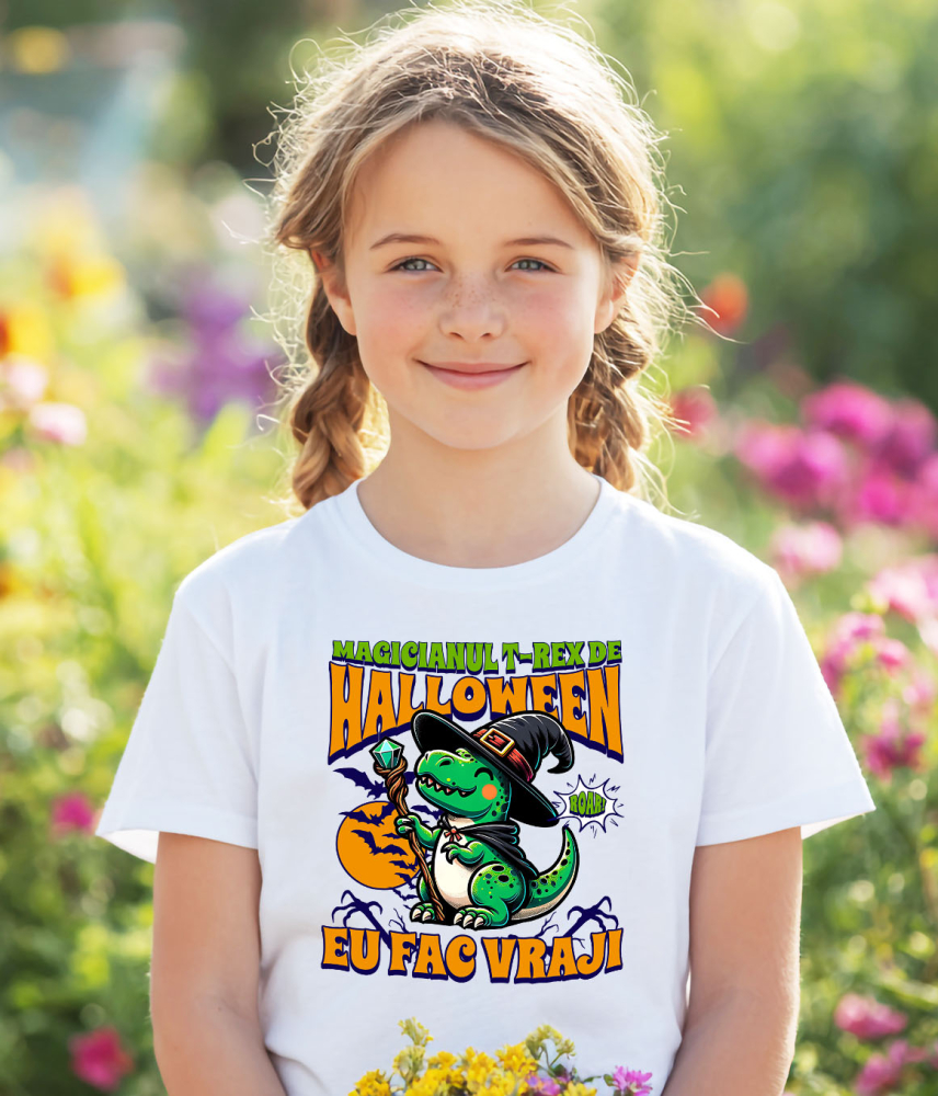 Tricou Femei, Barbati, Copii, Fata, Baiat, Unisex Personalizat Dinozaur Vrăjitor T-rex cu Pălărie și Baghetă | Cadou Halloween pentru Copii | Decor Tematic [3]