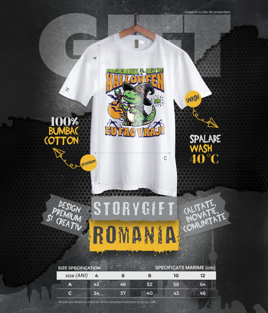 Tricou Femei, Barbati, Copii, Fata, Baiat, Unisex Personalizat Dinozaur Vrăjitor T-rex cu Pălărie și Baghetă | Cadou Halloween pentru Copii | Decor Tematic [6]