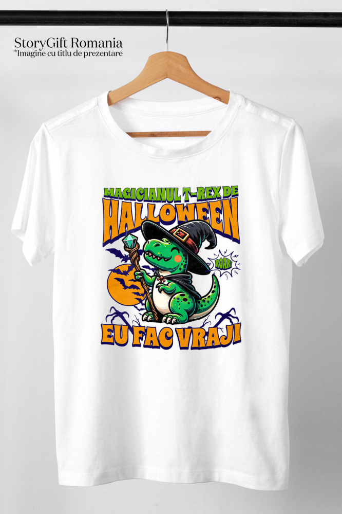 Tricou Femei, Barbati, Copii, Fata, Baiat, Unisex Personalizat Dinozaur Vrăjitor T-rex cu Pălărie și Baghetă | Cadou Halloween pentru Copii | Decor Tematic [3]