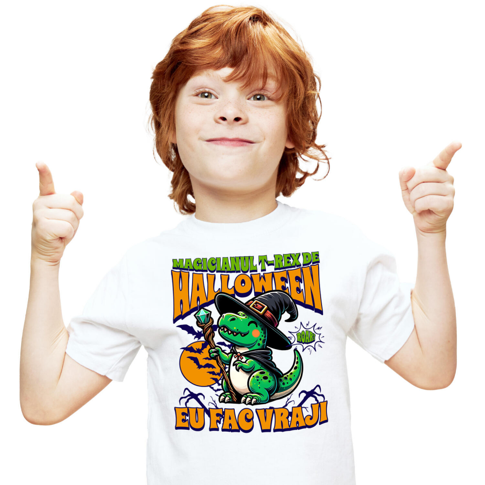 Tricou Femei, Barbati, Copii, Fata, Baiat, Unisex Personalizat Dinozaur Vrăjitor T-rex cu Pălărie și Baghetă | Cadou Halloween pentru Copii | Decor Tematic [1]