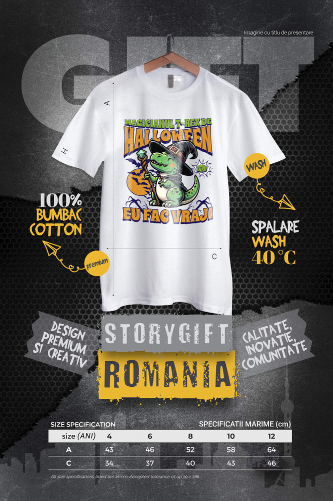 Tricou Femei, Barbati, Copii, Fata, Baiat, Unisex Personalizat Dinozaur Vrăjitor T-rex cu Pălărie și Baghetă | Cadou Halloween pentru Copii | Decor Tematic [4]
