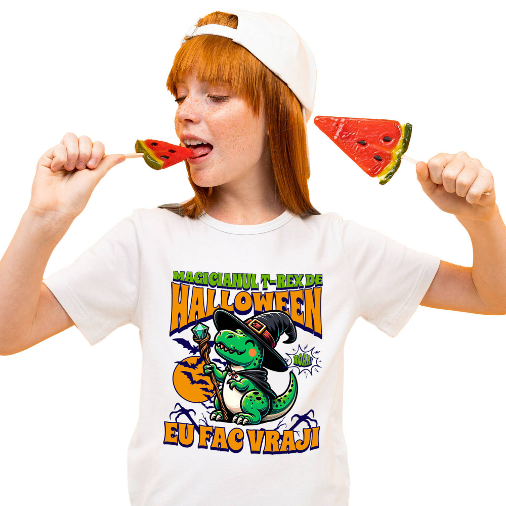 Tricou Femei, Barbati, Copii, Fata, Baiat, Unisex Personalizat Dinozaur Vrăjitor T-rex cu Pălărie și Baghetă | Cadou Halloween pentru Copii | Decor Tematic [2]