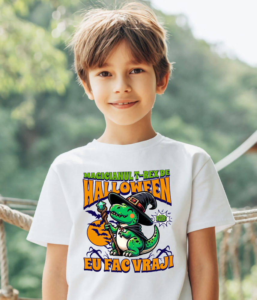 Tricou Femei, Barbati, Copii, Fata, Baiat, Unisex Personalizat Dinozaur Vrăjitor T-rex cu Pălărie și Baghetă | Cadou Halloween pentru Copii | Decor Tematic [4]