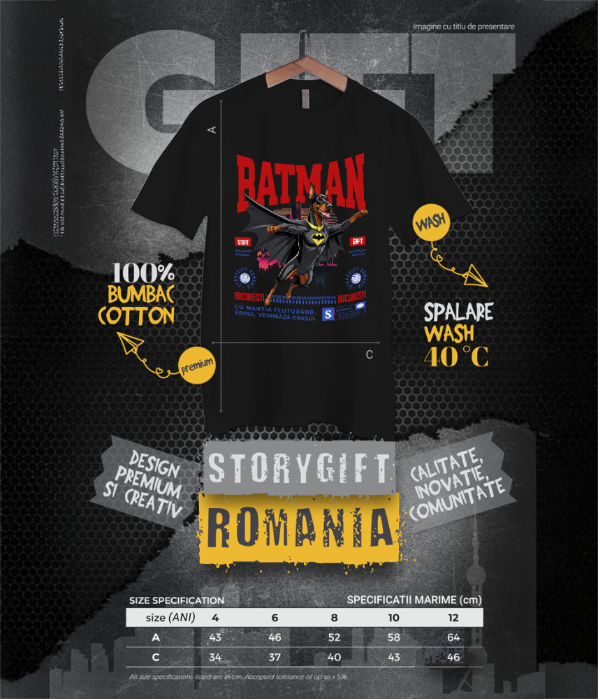 Tricou Femei, Barbati, Copii, Fata, Baiat, Unisex Personalizat Doberman Pinscher în Costum de Batman – Supererou Impunător pentru Iubitorii de Câini și Copii [6]