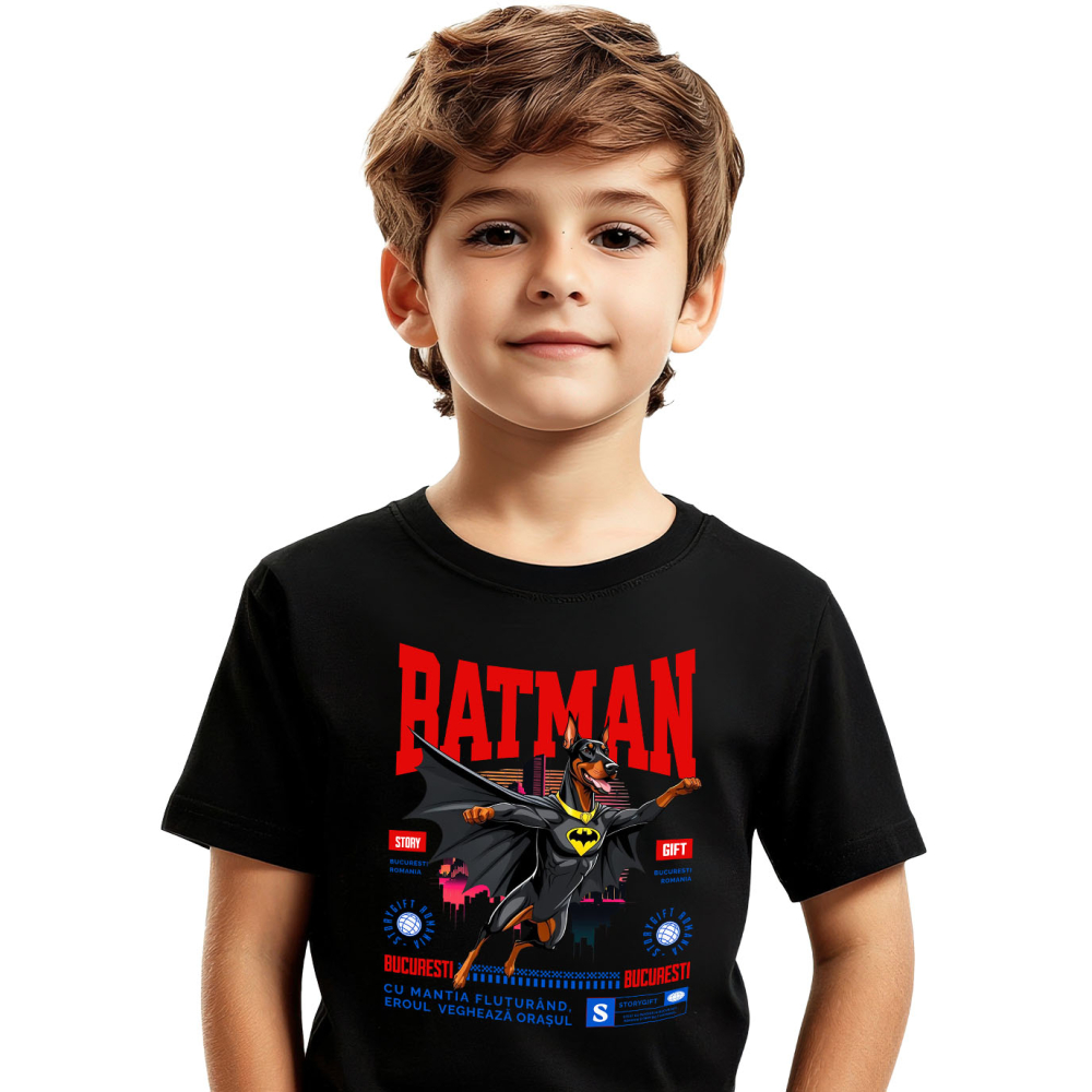 Tricou Femei, Barbati, Copii, Fata, Baiat, Unisex Personalizat Doberman Pinscher în Costum de Batman – Supererou Impunător pentru Iubitorii de Câini și Copii [2]