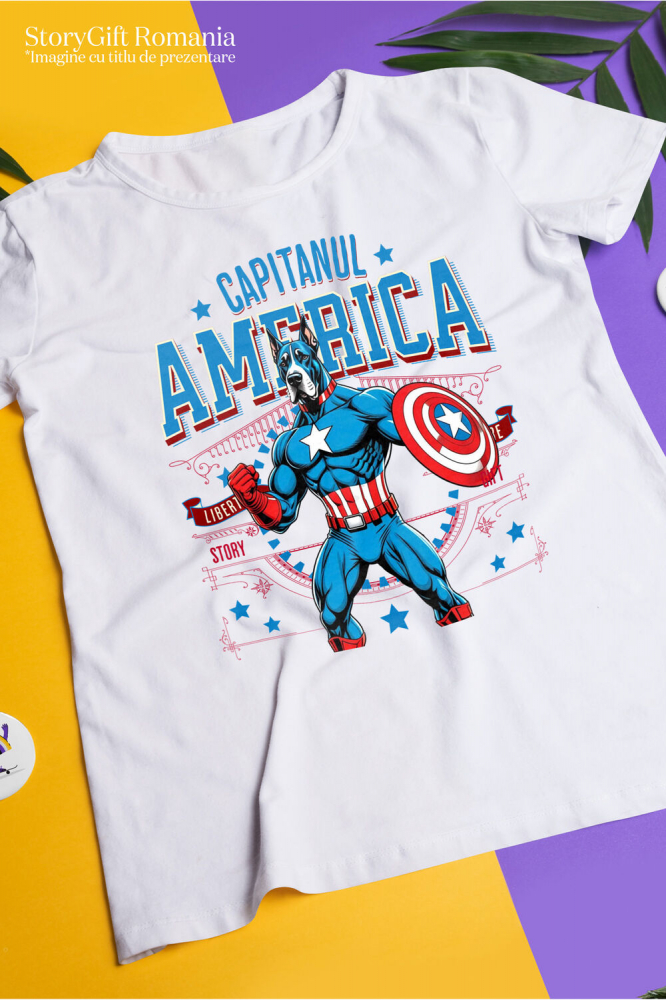Tricou Femei, Barbati, Copii, Fata, Baiat, Unisex Personalizat Great Dane în Costum de Captain America cu Pelerină - Cadou Personalizat pentru Copii și Iubitorii de Câini [3]