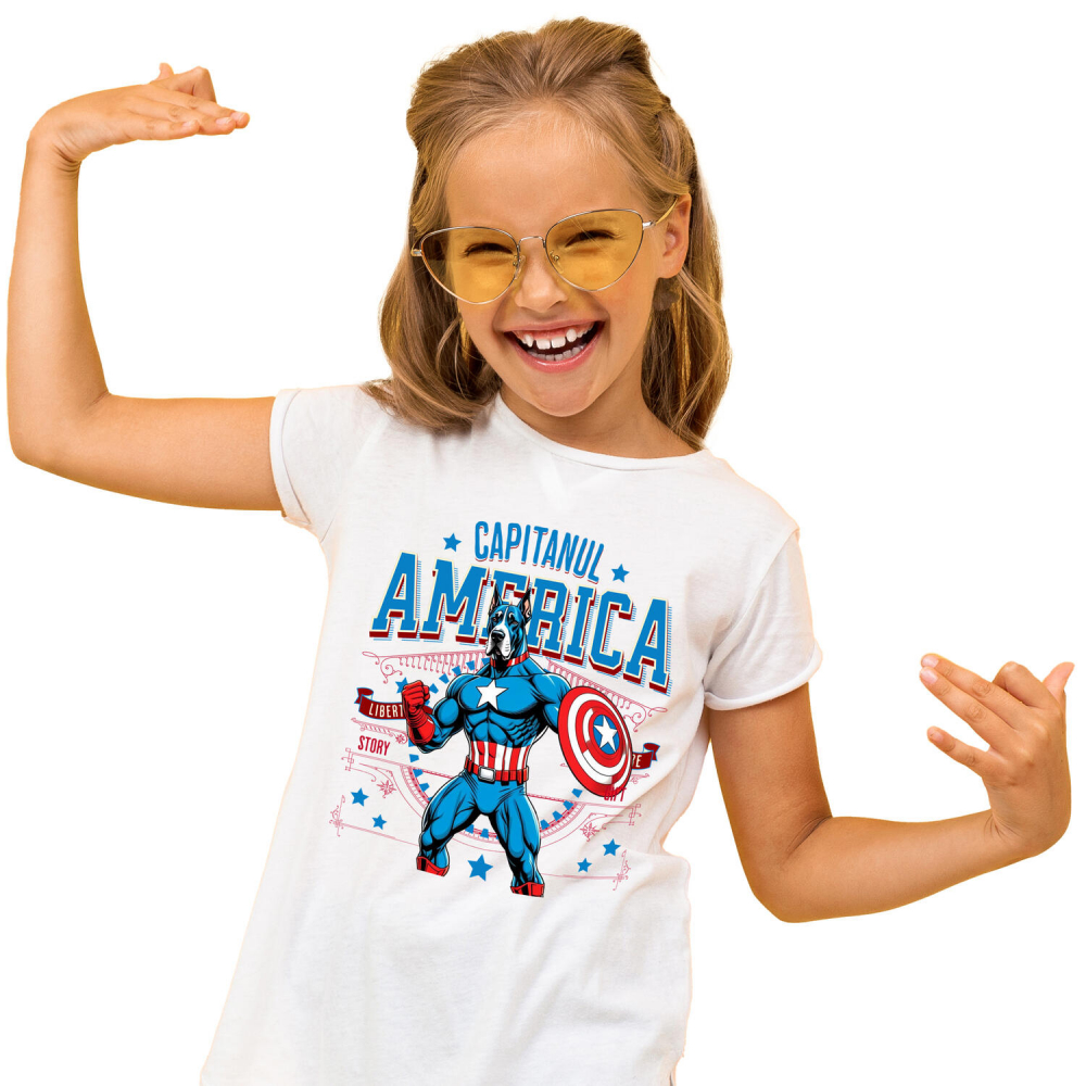Tricou Femei, Barbati, Copii, Fata, Baiat, Unisex Personalizat Great Dane în Costum de Captain America cu Pelerină - Cadou Personalizat pentru Copii și Iubitorii de Câini [2]