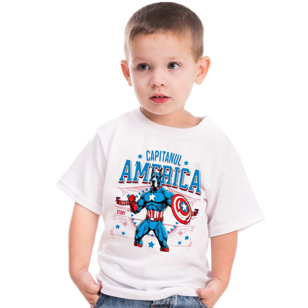 Tricou Femei, Barbati, Copii, Fata, Baiat, Unisex Personalizat Great Dane în Costum de Captain America cu Pelerină - Cadou Personalizat pentru Copii și Iubitorii de Câini [1]