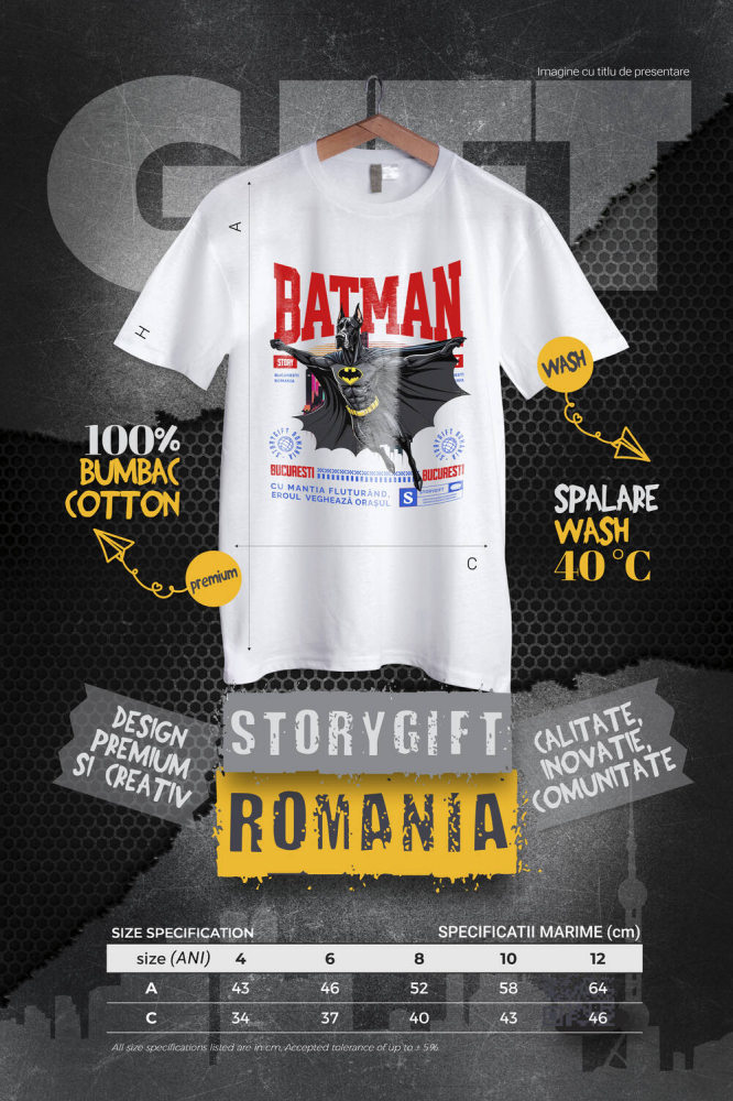 Tricou Femei, Barbati, Copii, Fata, Baiat, Unisex Personalizat Dog German în Costum de Batman – Supererou Amuzant pentru Iubitorii de Câini și Copii [4]