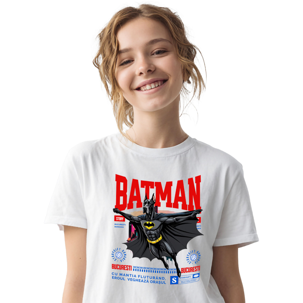 Tricou Femei, Barbati, Copii, Fata, Baiat, Unisex Personalizat Dog German în Costum de Batman – Supererou Amuzant pentru Iubitorii de Câini și Copii [2]