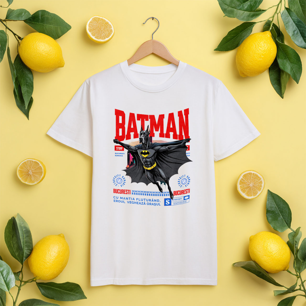 Tricou Femei, Barbati, Copii, Fata, Baiat, Unisex Personalizat Dog German în Costum de Batman – Supererou Amuzant pentru Iubitorii de Câini și Copii [5]
