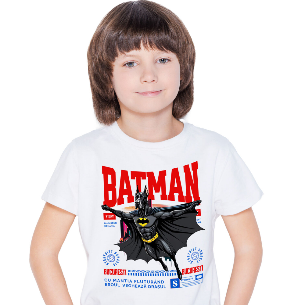 Tricou Femei, Barbati, Copii, Fata, Baiat, Unisex Personalizat Dog German în Costum de Batman – Supererou Amuzant pentru Iubitorii de Câini și Copii [1]