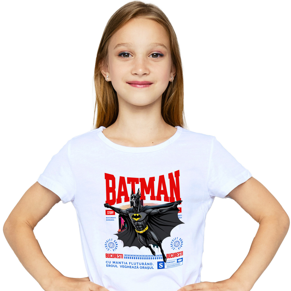 Tricou Femei, Barbati, Copii, Fata, Baiat, Unisex Personalizat Dog German în Costum de Batman – Supererou Amuzant pentru Iubitorii de Câini și Copii [2]