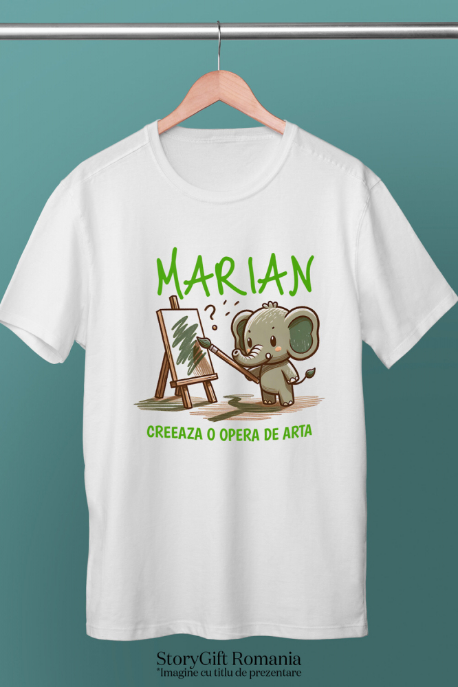 Tricou Femei, Barbati, Copii, Fata, Baiat, Unisex Personalizat „Cadouri personalizate cu elefant pui artistic pe tablou canvas – Artă creată de Marian” [3]