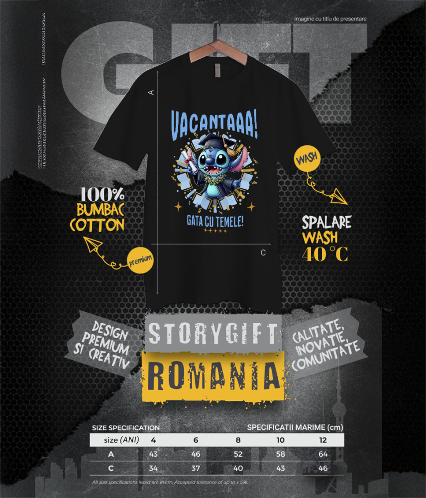 Tricou Copii cu Explorari de Vacanta cu Stitch si Diplome 100% Bumbac, Negru, 8 Ani [6]