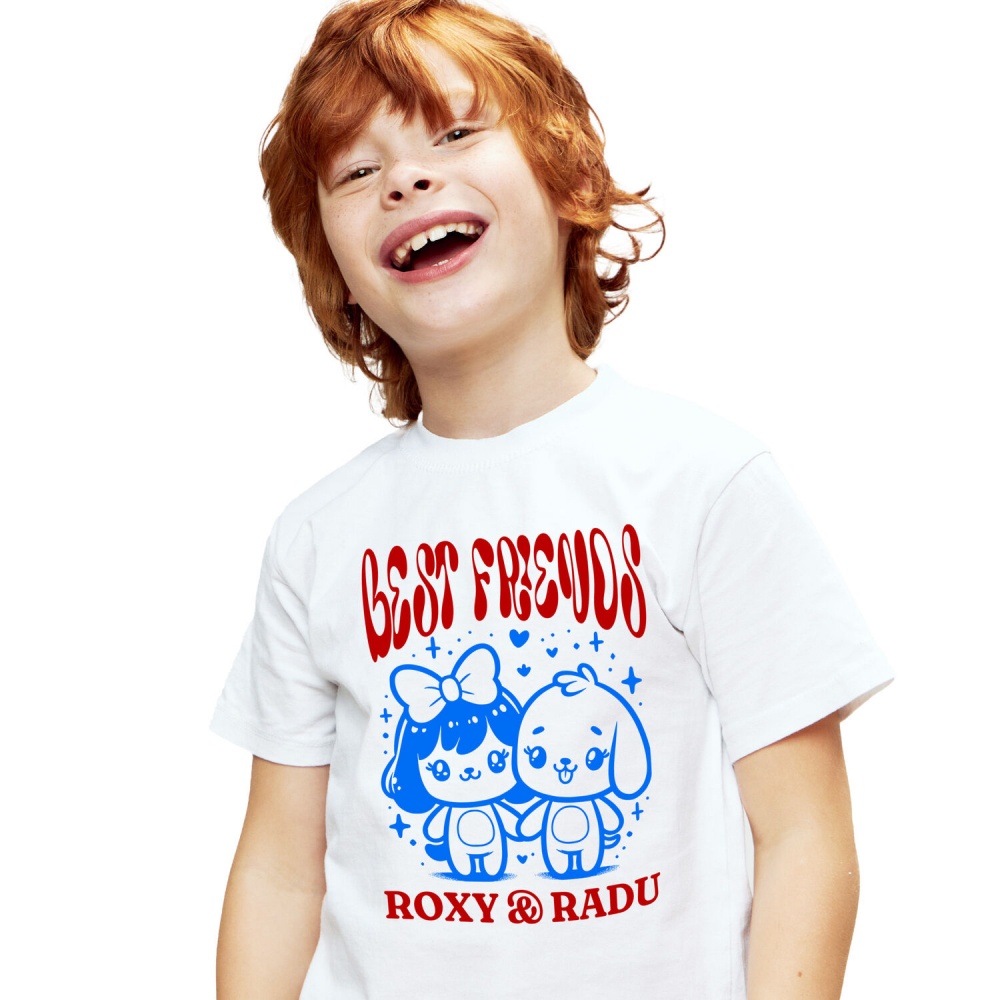 Tricou Femei, Barbati, Copii, Fata, Baiat, Unisex Personalizat Cadouri personalizate – Fata cu fundă și câinele Best Friends Roxy și Radu [1]