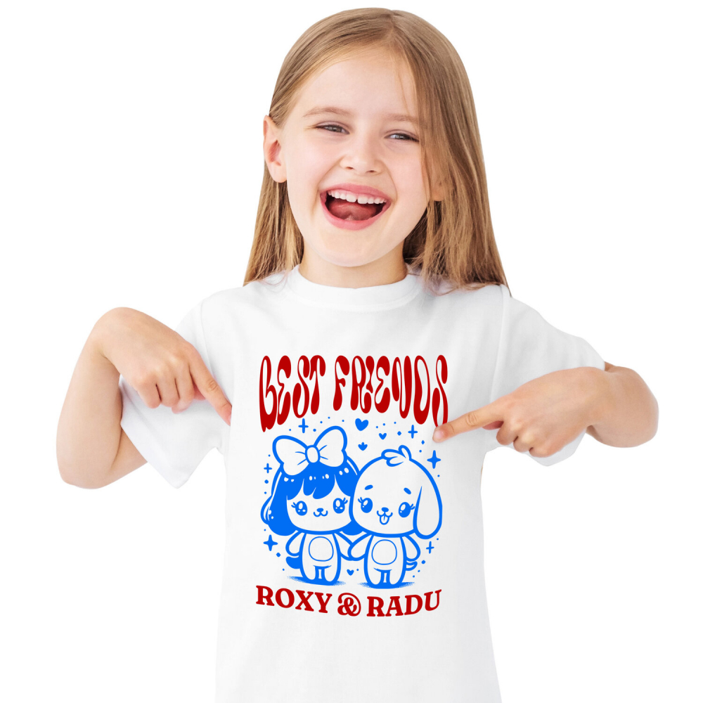 Tricou Femei, Barbati, Copii, Fata, Baiat, Unisex Personalizat Cadouri personalizate – Fata cu fundă și câinele Best Friends Roxy și Radu [2]