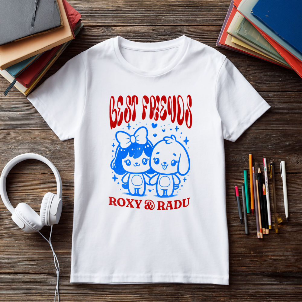 Tricou Femei, Barbati, Copii, Fata, Baiat, Unisex Personalizat Cadouri personalizate – Fata cu fundă și câinele Best Friends Roxy și Radu [5]