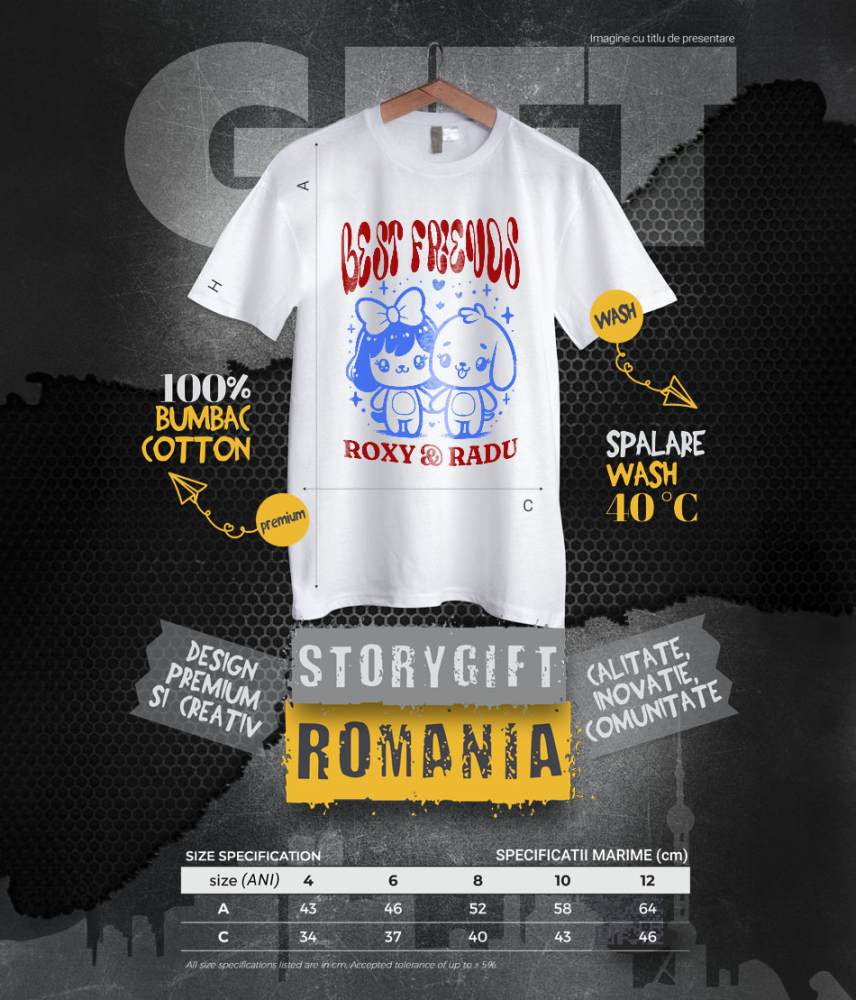 Tricou Femei, Barbati, Copii, Fata, Baiat, Unisex Personalizat Cadouri personalizate – Fata cu fundă și câinele Best Friends Roxy și Radu [6]