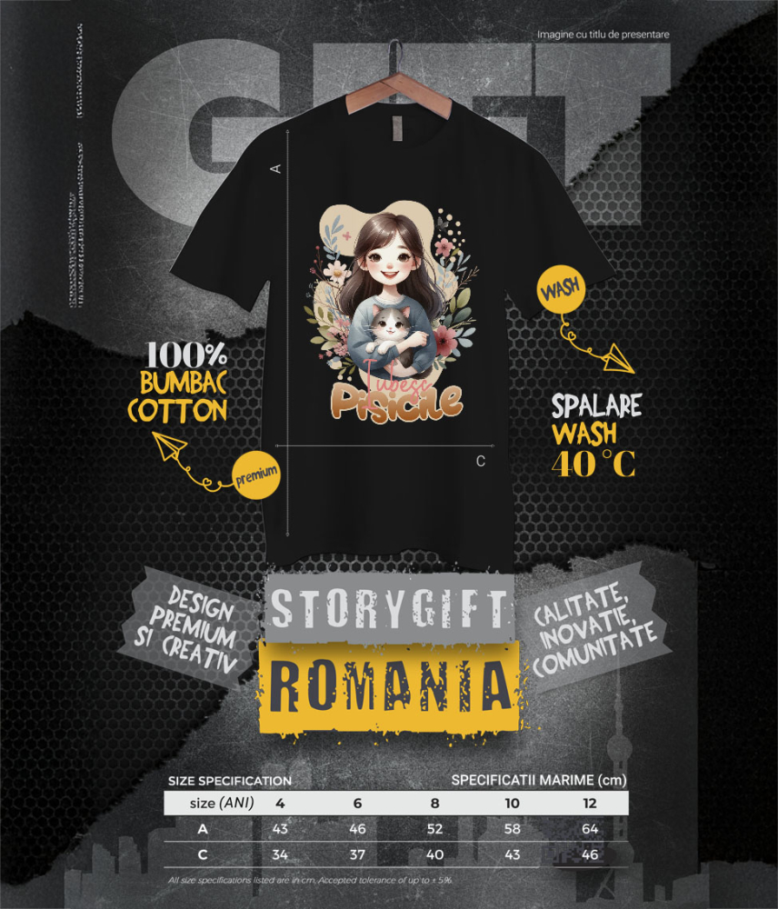 Tricou Femei, Barbati, Copii, Fata, Baiat, Unisex Personalizat Decor Personalizat - Fată cu Pisică Pufoasă și Mesaj „Iubesc Pisicile” [6]