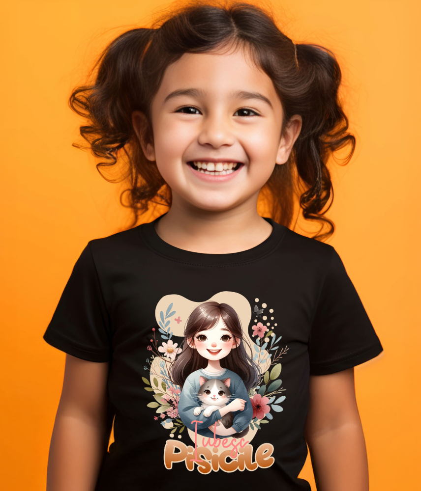 Tricou Femei, Barbati, Copii, Fata, Baiat, Unisex Personalizat Decor Personalizat - Fată cu Pisică Pufoasă și Mesaj „Iubesc Pisicile” [3]