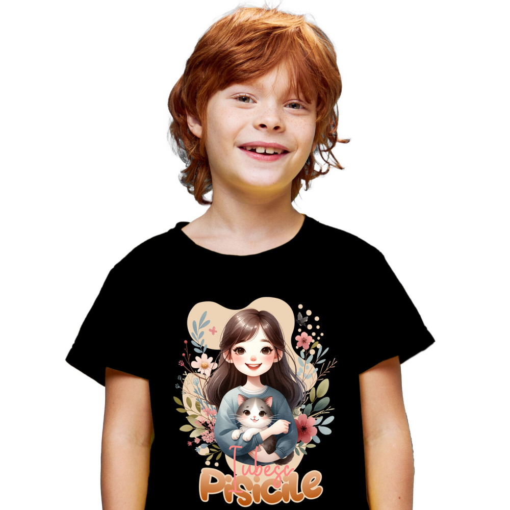 Tricou Femei, Barbati, Copii, Fata, Baiat, Unisex Personalizat Decor Personalizat - Fată cu Pisică Pufoasă și Mesaj „Iubesc Pisicile” [2]