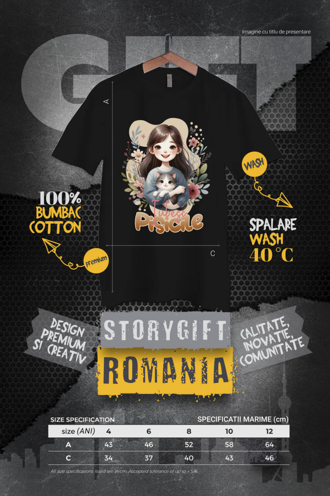 Tricou Femei, Barbati, Copii, Fata, Baiat, Unisex Personalizat Decor Personalizat - Fată cu Pisică Pufoasă și Mesaj „Iubesc Pisicile” [4]