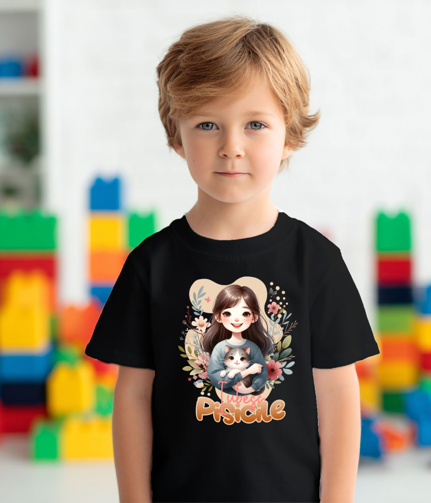 Tricou Femei, Barbati, Copii, Fata, Baiat, Unisex Personalizat Decor Personalizat - Fată cu Pisică Pufoasă și Mesaj „Iubesc Pisicile” [4]