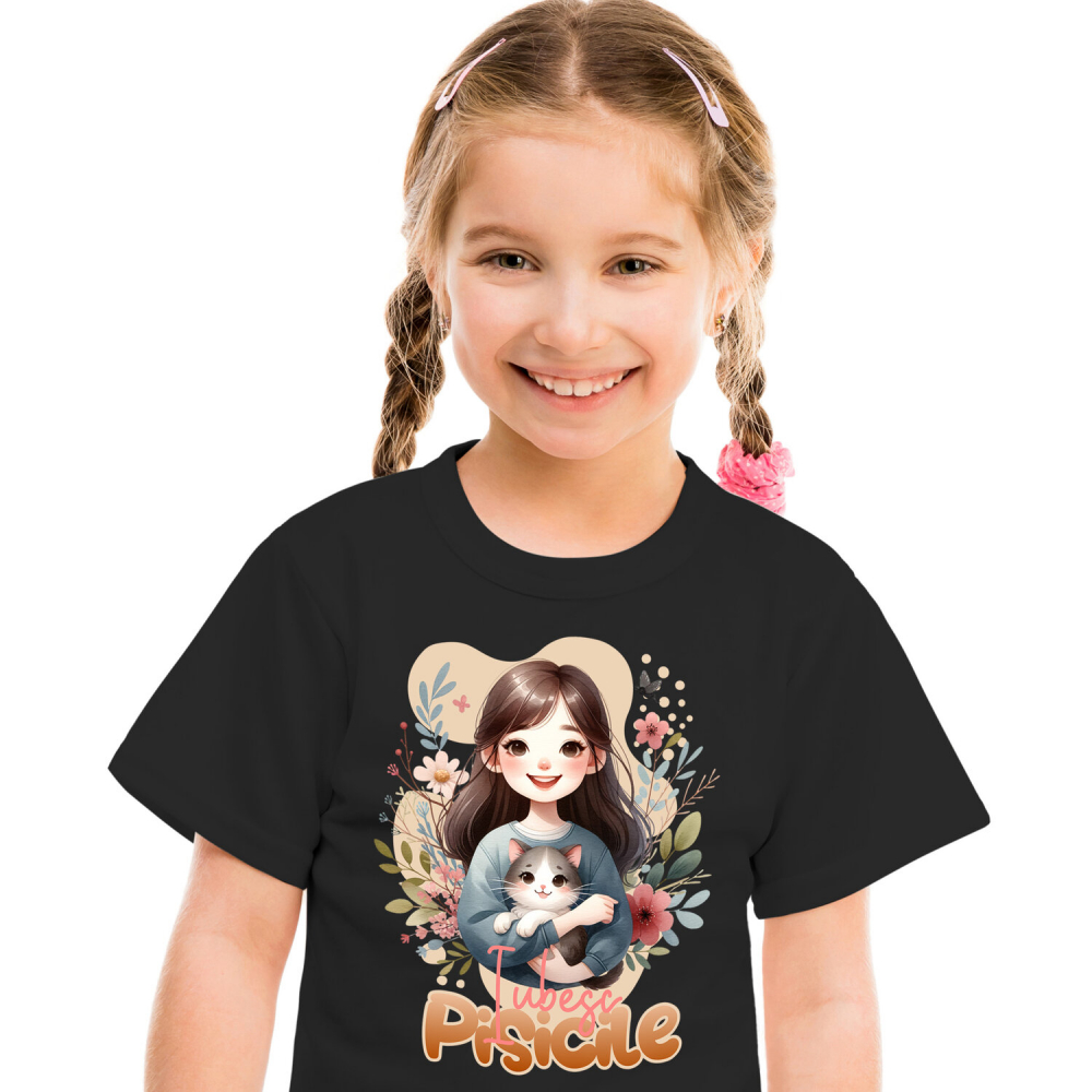 Tricou Femei, Barbati, Copii, Fata, Baiat, Unisex Personalizat Decor Personalizat - Fată cu Pisică Pufoasă și Mesaj „Iubesc Pisicile” [1]