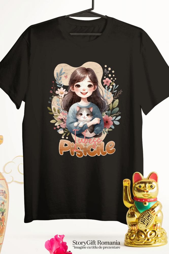 Tricou Femei, Barbati, Copii, Fata, Baiat, Unisex Personalizat Decor Personalizat - Fată cu Pisică Pufoasă și Mesaj „Iubesc Pisicile” [3]