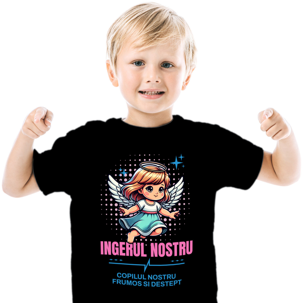 Tricou Femei, Barbati, Copii, Fata, Baiat, Unisex Personalizat Fata Înger cu Aripi și Coroană – Cadou Personalizat „Copilul Nostru Frumos și Deștept” pentru Fetițe [1]