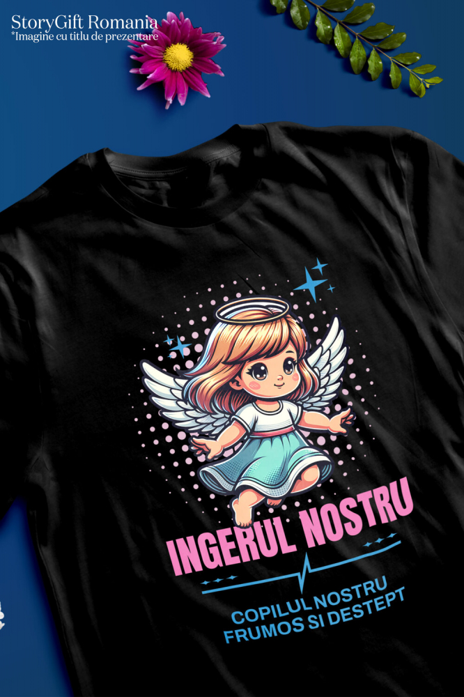 Tricou Femei, Barbati, Copii, Fata, Baiat, Unisex Personalizat Fata Înger cu Aripi și Coroană – Cadou Personalizat „Copilul Nostru Frumos și Deștept” pentru Fetițe [3]