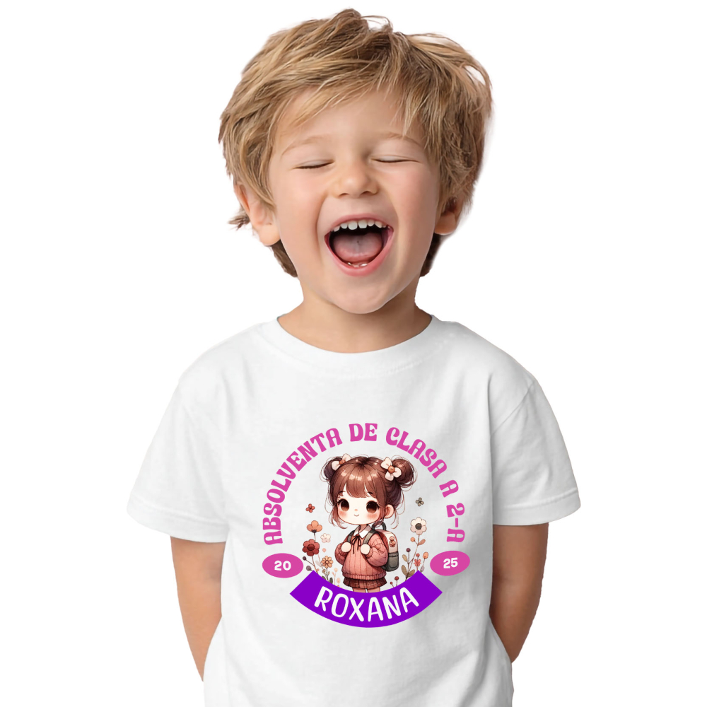 Tricou Femei, Barbati, Copii, Fata, Baiat, Unisex Personalizat Fată Școlăriță cu Breton și Rucsac Personalizat „Absolvent de Clasa a 2-a Roxana” - Cadou Educațional [2]