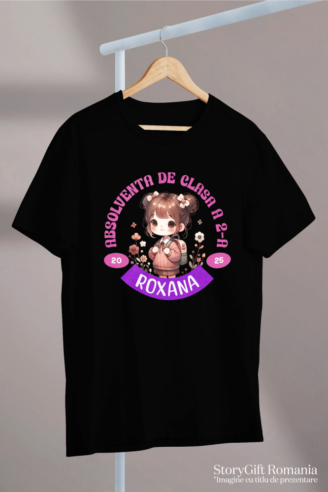 Tricou Femei, Barbati, Copii, Fata, Baiat, Unisex Personalizat Fată Școlăriță cu Breton și Rucsac Personalizat „Absolvent de Clasa a 2-a Roxana” - Cadou Educațional [3]
