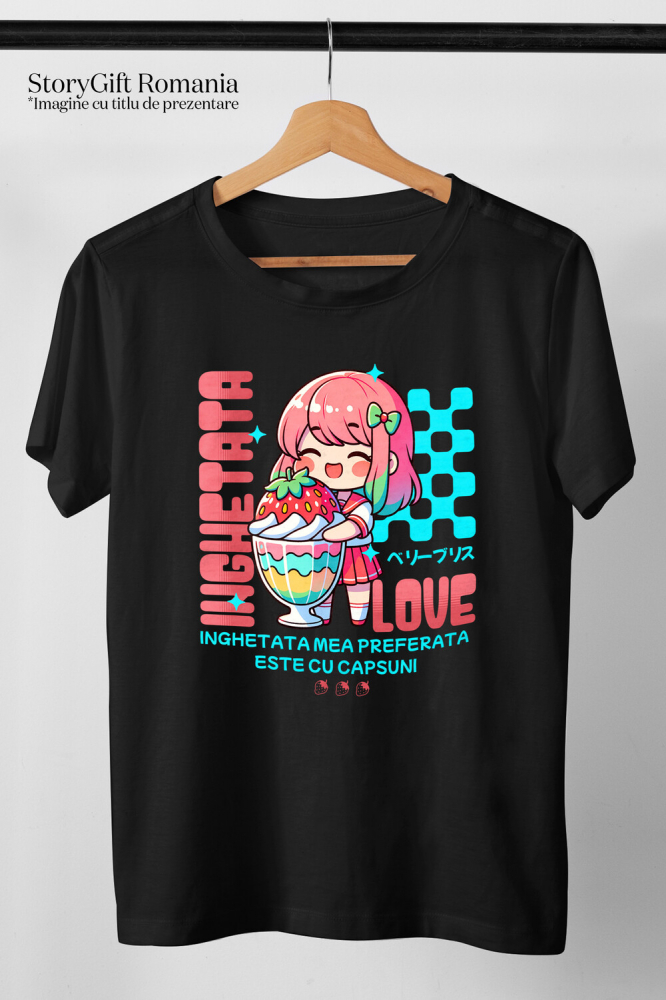 Tricou Femei, Barbati, Copii, Fata, Baiat, Unisex Personalizat Cadou personalizat pentru iubitorii de milkshake | Fata anime cu pahar imens de milkshake și căpșună [3]