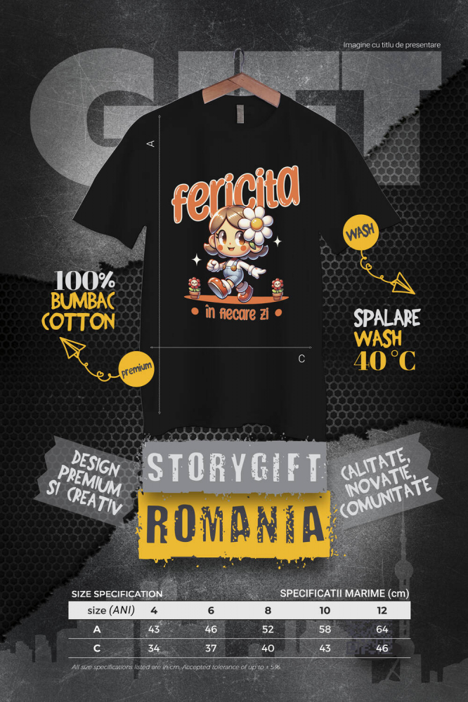 Tricou Femei, Barbati, Copii, Fata, Baiat, Unisex Personalizat Fată Veselă Animată cu Floare – Cadou Personalizat pentru Copii și Familie [4]