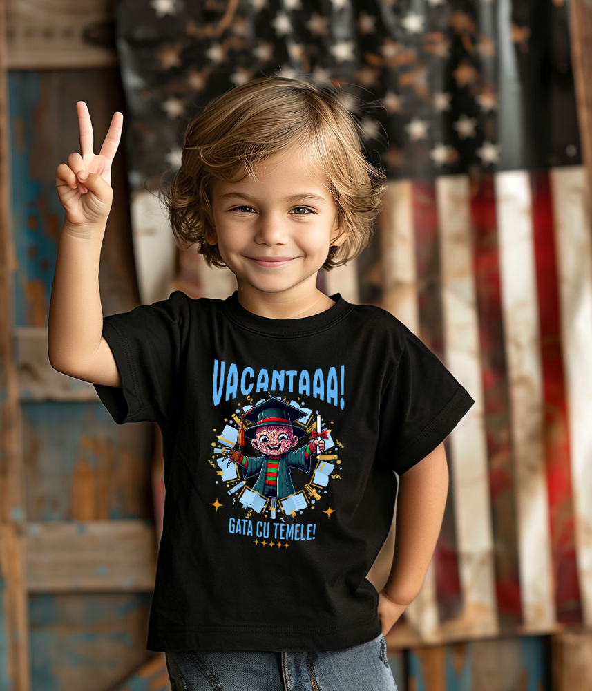 Tricou Copii cu Freddy Krueger si Aventurile Diplomei de Vacanta 100% Bumbac, Negru, 8 Ani [3]