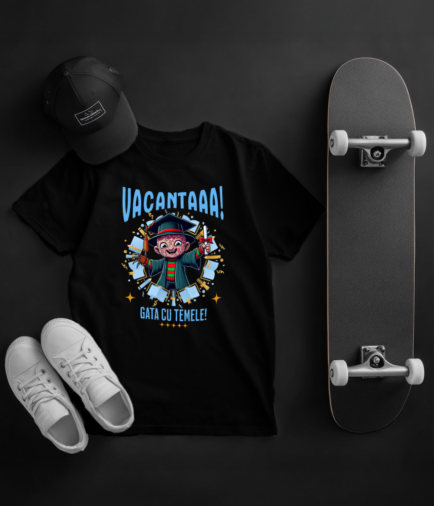 Tricou Copii cu Freddy Krueger si Aventurile Diplomei de Vacanta 100% Bumbac, Negru, 8 Ani [5]