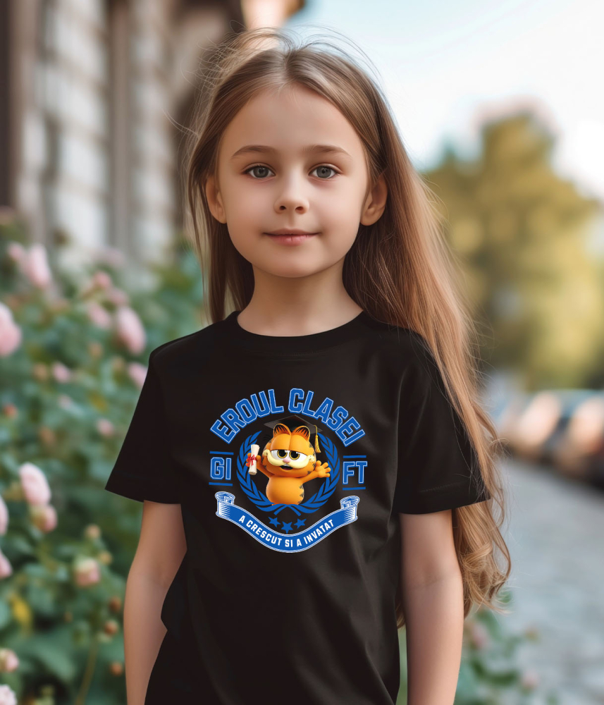 Tricou Copii cu Garfield Erou – Aventuri La Scoala 100% Bumbac, Negru, 8 Ani [3]