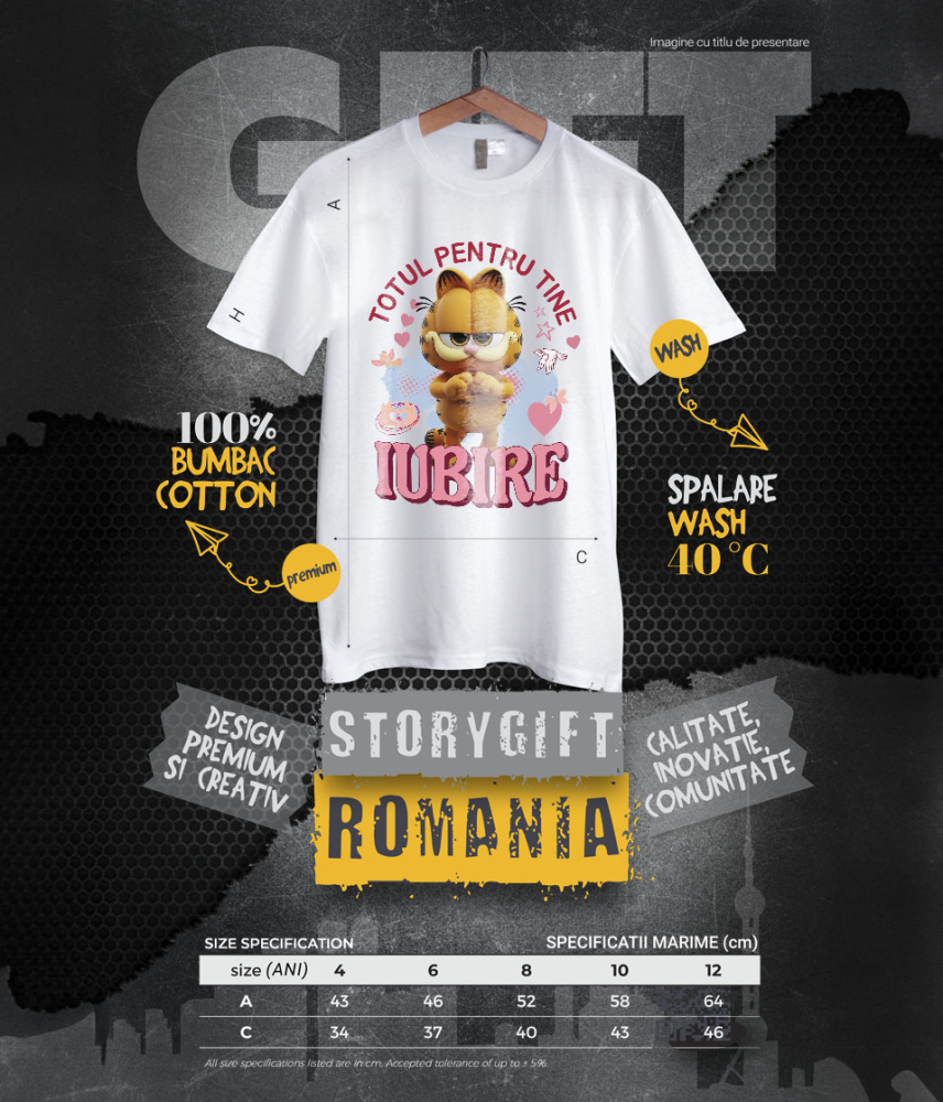 Tricou Copii cu Garfield, Iubire, Dragoste, Afectiune, Inima 100% Bumbac, Alb, 12 Ani [6]