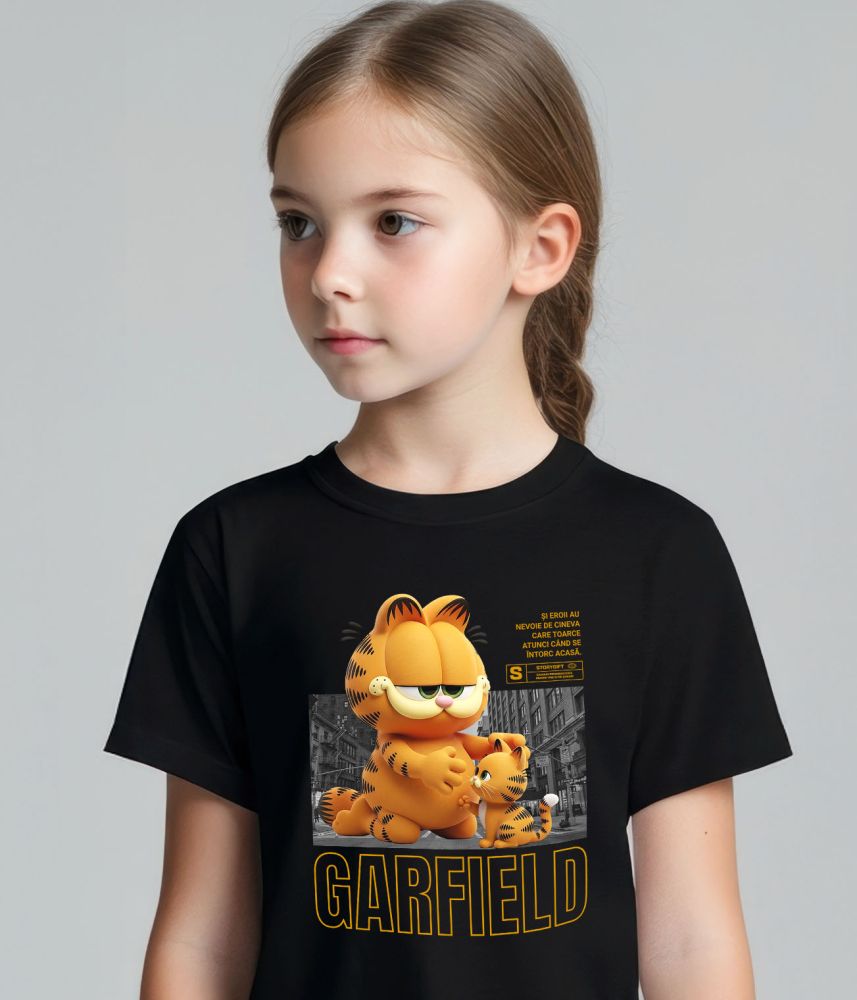 Tricou Copii cu Garfield – Misiune Vesela cu Pisicuta 100% Bumbac, Negru, 12 Ani [3]