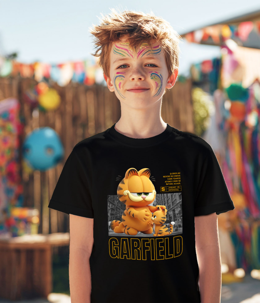 Tricou Copii cu Garfield – Misiune Vesela cu Pisicuta 100% Bumbac, Negru, 12 Ani [4]