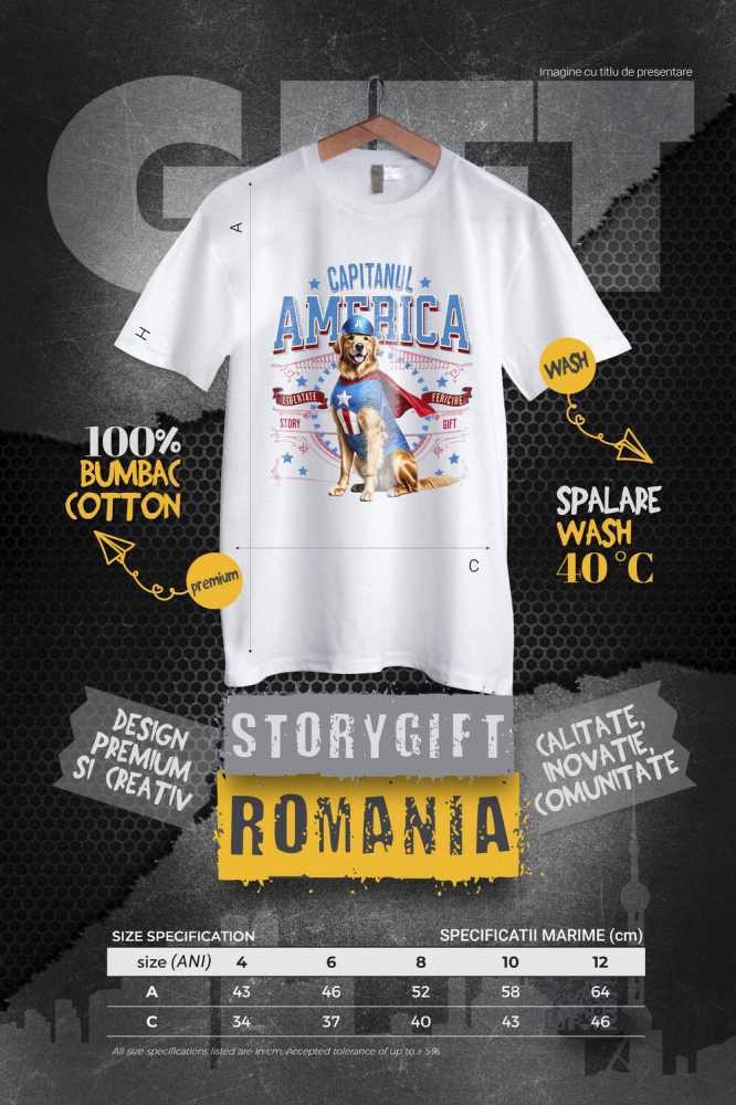 Tricou Femei, Barbati, Copii, Fata, Baiat, Unisex Personalizat Golden Retriever în Costum Captain America cu Pelerină - Cadou Personalizat pentru Copii și Iubitorii de Câini [4]