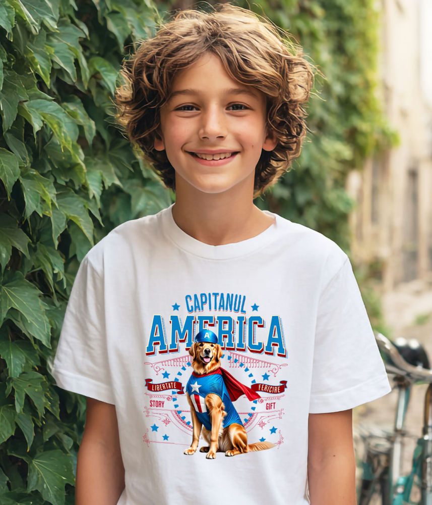 Tricou Femei, Barbati, Copii, Fata, Baiat, Unisex Personalizat Golden Retriever în Costum Captain America cu Pelerină - Cadou Personalizat pentru Copii și Iubitorii de Câini [4]