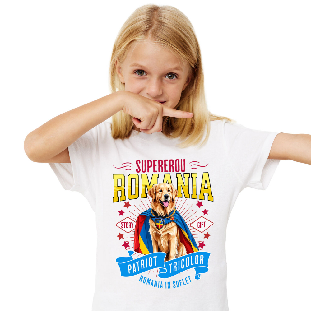 Tricou Femei, Barbati, Copii, Fata, Baiat, Unisex Personalizat Golden Retriever Supererou – Costum Căpitan România, Cadou Personalizat [2]