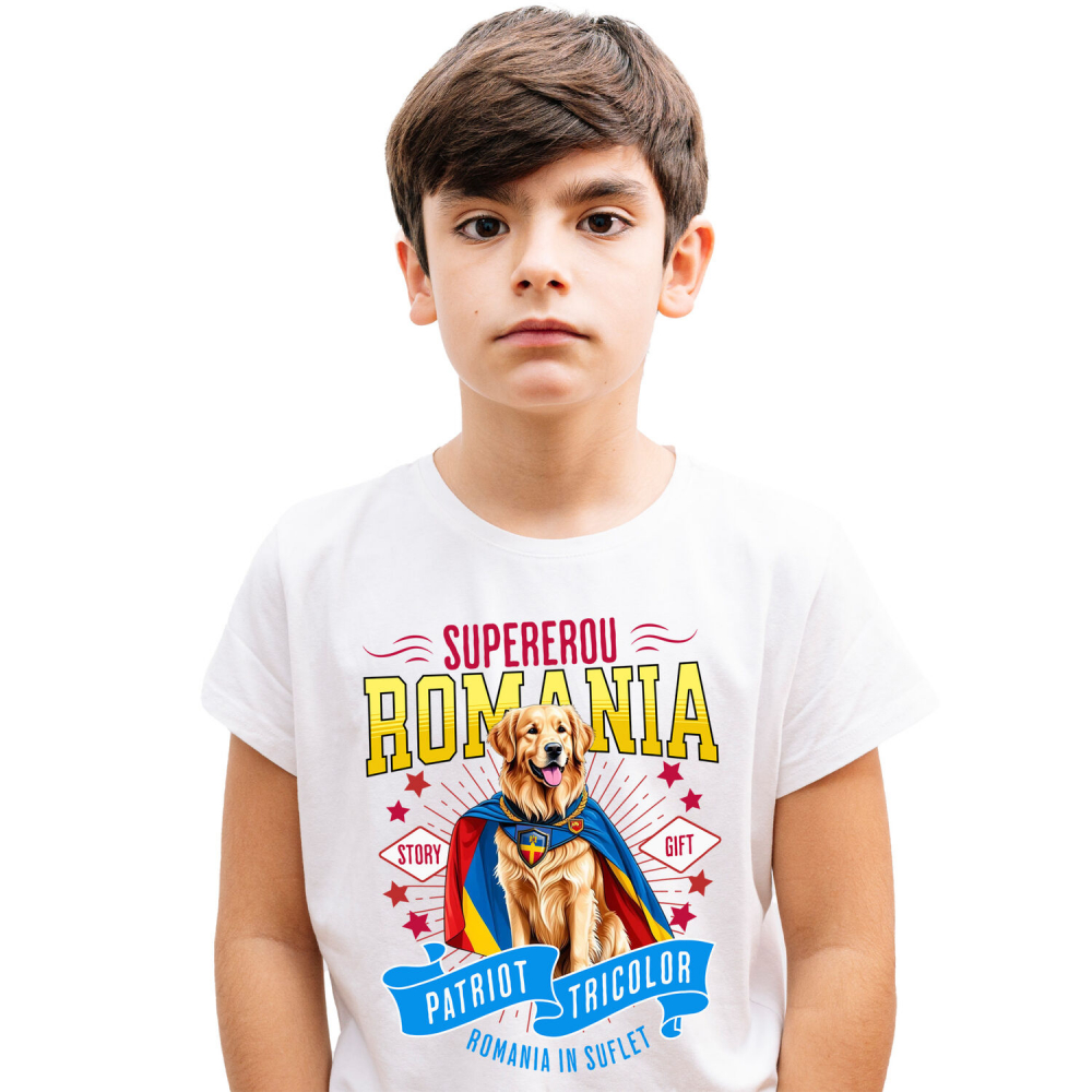 Tricou Femei, Barbati, Copii, Fata, Baiat, Unisex Personalizat Golden Retriever Supererou – Costum Căpitan România, Cadou Personalizat [1]